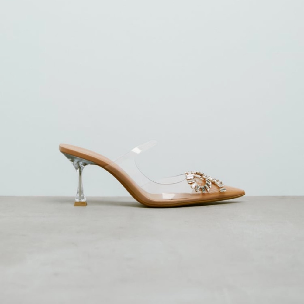 Zara Tan Clear Embellished Mule Heels